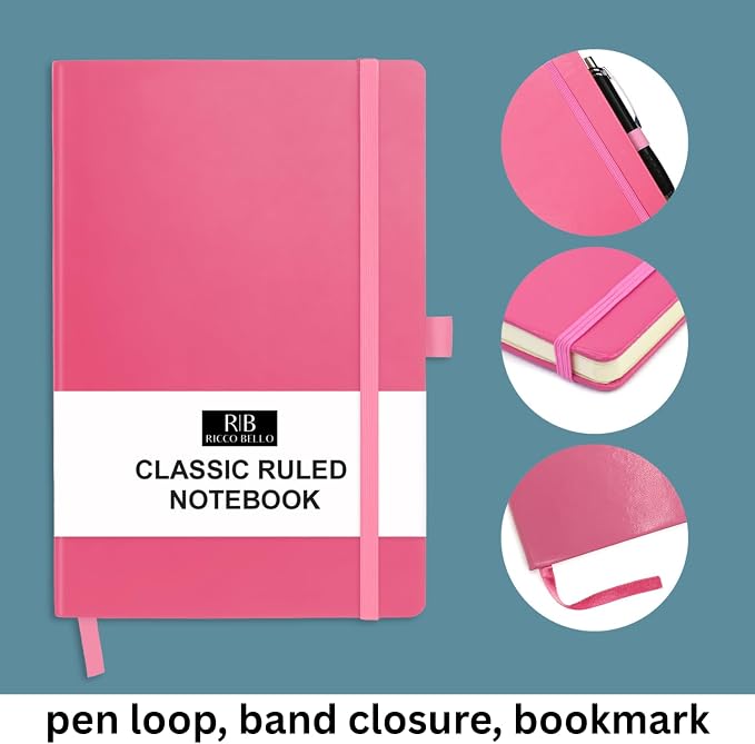 RICCO BELLO Lined Journal Notebook, Pink, 5.7 x 8.4-Inches | Faux Leather Hardcover, Pen Holder, College Ruled, 96 Sheets / 192 Pages, For Work & Notes