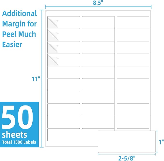 THEBLUETOUCH 1500 pcs Matte White Address Printable Labels, 1" x2-5/8 | 50 Sheets, 30 Labels Per Sheet, Blank Mailing Stickers, Compatible with Laser and Inkjet Printers for Shipping Address Use