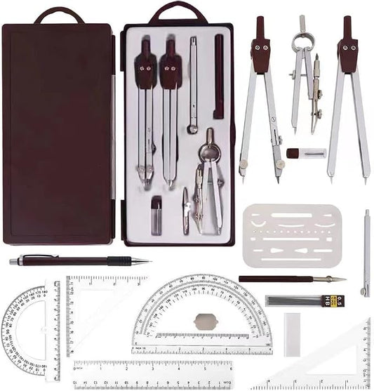NEWSOURCE Metal Geometry Drawing Compass Drafting Kit, Engineering & Architecture School Tool Set with Set Square, Protractor, Erasing Shield and More, Net Weight 8.5Oz