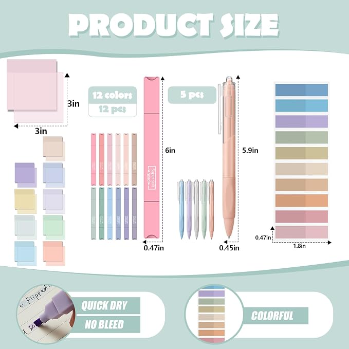 Jutom 38 Pcs Book Annotation Kit for Bible Journaling Study, Aesthetic Highlighters Pens, Index Tabs, Sticky Notes, Markers for Annotating Books Bible Page Tabs Supplies(Classic Color,Square)