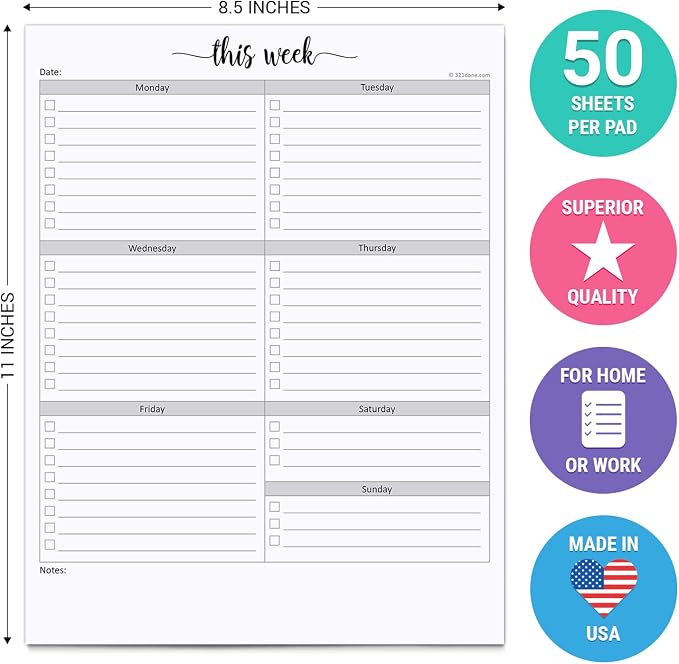 321Done Weekly Checklist Notepad, 8.5x11 Large Letter-Size Pad - 50 Tear-Off Sheets, Undated Monday-Sunday Schedule, Daily Task Planner for Home, Office & Student Use - Made in USA