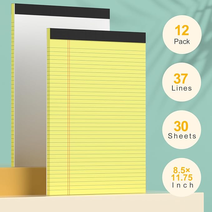 Yellow Legal Pads 8.5 x 11 College Ruled - 12 Pack Yellow Paper Tablets 8 1/2 x 11 Note Pads - Perforated Yellow Pads 8.5 x 11 Double-Size Printing Notepad 30 Sheets Each Note Pad for Office School