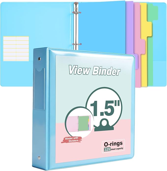 3 Ring Binder 1.5 inch，Cute Binder Organizer with 5 Tab Dividers Fits 175 Sheets of 8.5x11 Paper, Customizable Clear Cover with Inside Pockets, Aesthetic 1.5" Three Ring Binders for School Office，Blue