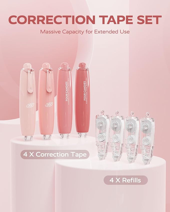 Four Candies Refillable Correction Tape, 4PCS White Tape with 4 Refills | Smooth White Pull-Out Tape for Instant Corrections, Easy to Use Applicator for Office, School Supplies (Pink)