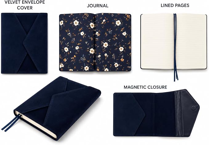 Eccolo Lined Journal Notebook, Hardcover Velvet Journal for Women & Men - 256 Ivory Pages, Unique Writing Journal for Work or School, Magnetic Flap Closure, 3 Bookmarks, Size 6X8, 6X8 Navy | Ivory Acid-Free Ruled Paper, 3 Sewn-In Bookmarks, Lay-Flat De...