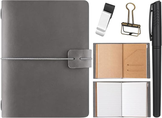 Thenshop Travelers Refillable Leather Journal Notebook Travel Diary Handmade Passport Travelers Journal for Men and Women with 3 Notebook Inserts, Pen Holder, Binder Clip(Gray,Passport Size)