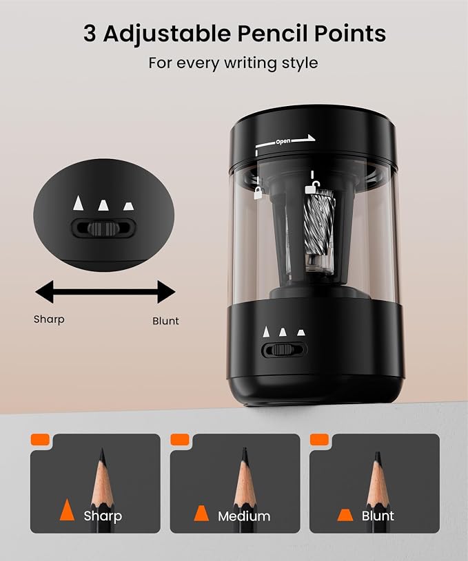 Electric Pencil Sharpener for Classroom, Fully Automatic Pencil Sharpener for 6-8mm Pencils & Colored Pencils, Auto in & Out, Type-C Rechargeable Pencil Sharpeners for Home, School, Black