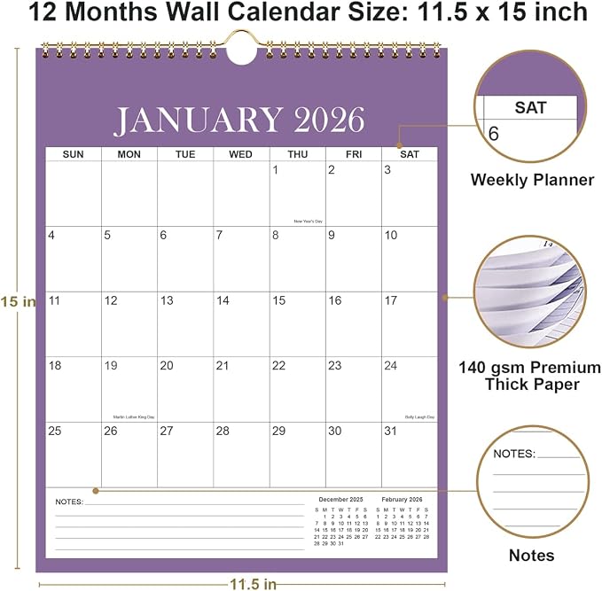 Wall Calendar 2026-2027 - Monthly Calendar 2026-2027 from July 2026 - December 2026, Spiral Binding Hanging Calendar 2026-27 for Home/Office, 12" x 14.5", Purple