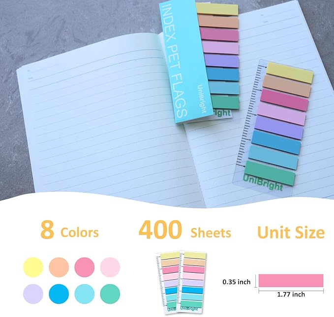 400 pcs Sticky Tabs for Books, Colored Transparent and Writable Page Markers with 4 Inch Ruler, Repositionable Strong Sticky Page Tabs for Bible, Notebook, Office & School