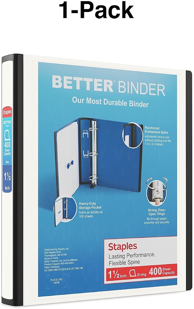 Staples Better Binder, 1.5" Heavy‑Duty D‑Ring 3‑Ring Binder, White, Reinforced Spine, Holds 400 Sheets, Long‑Lasting School & Office Organizer, 3‑Pack