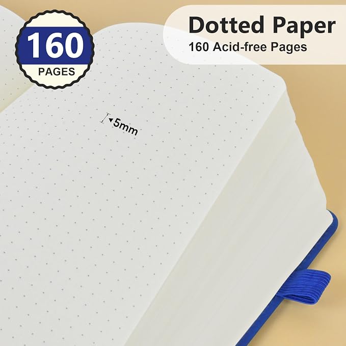 PERCUN A5 Dotted Journal Notebook, Leather Hardcover Notebook 5.9"×8.5" | 160 Dotted Pages Journal for Women & Men, Dot Grid Notebook for Writing, Work, School, Travel Daily Diary, Bullet Journaling