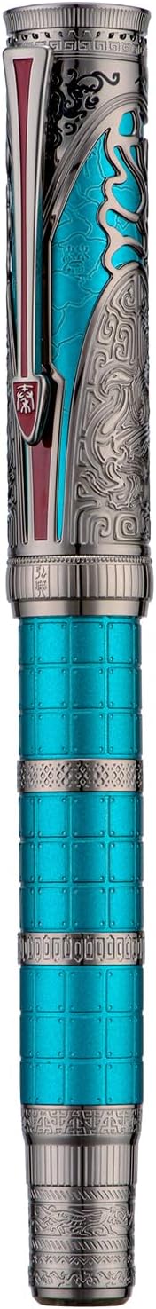 Hongdian D5X Fountain Pen Turquoise Color Fine Nib, Qin Dynasty Retro Chinese Totem Engraving Smooth Writing Pen with Converter and Pen Box Set