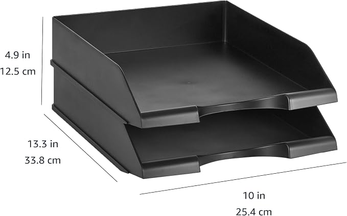 Amazon Basics Rectangular Stackable Desk Organizer Office Letter Tray, File Storage, Paper Organizer, Black, 2-Pack