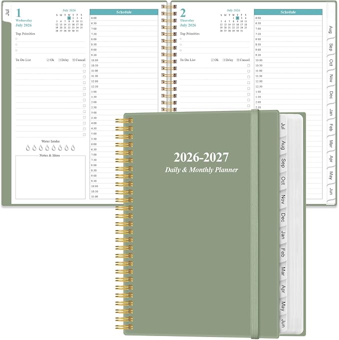 2026-2027 Daily & Monthly Planner - One Page Per Day, Daily Planner from July 2026 - June 2027, Planner 2026-2027 with 12 Monthly Tabs, 8.5" x 11", Green