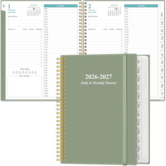 2026-2027 Daily & Monthly Planner - One Page Per Day, Daily Planner from July 2026 - June 2027, Planner 2026-2027 with 12 Monthly Tabs, 8.5" x 11", Green