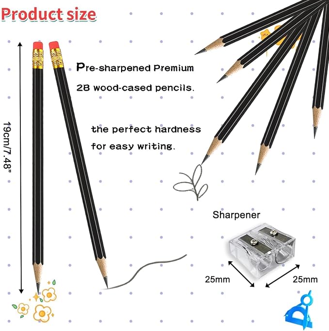 Adhere 25pcs Woodcase Pencils with Eraser Premium Pre-Sharpened Hexagon Graphite 2B pencils ideal for home, office writing including a Free Sharpener(Black・25pcs)