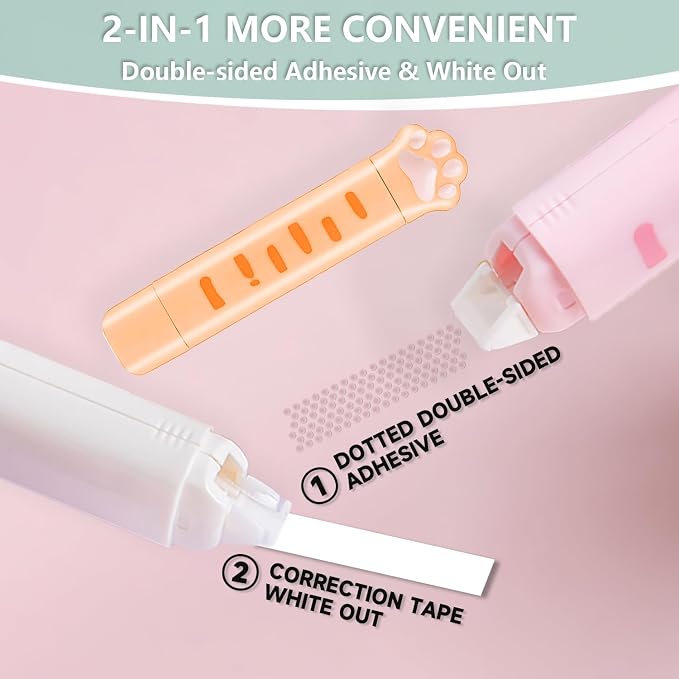 2 in 1 Correction Tape and Double Sided Tape Roller, Cute Quick Dry Japan White correction tape,with Permanent Double Sided Adhesive Tape Roller,for School Office Supplies