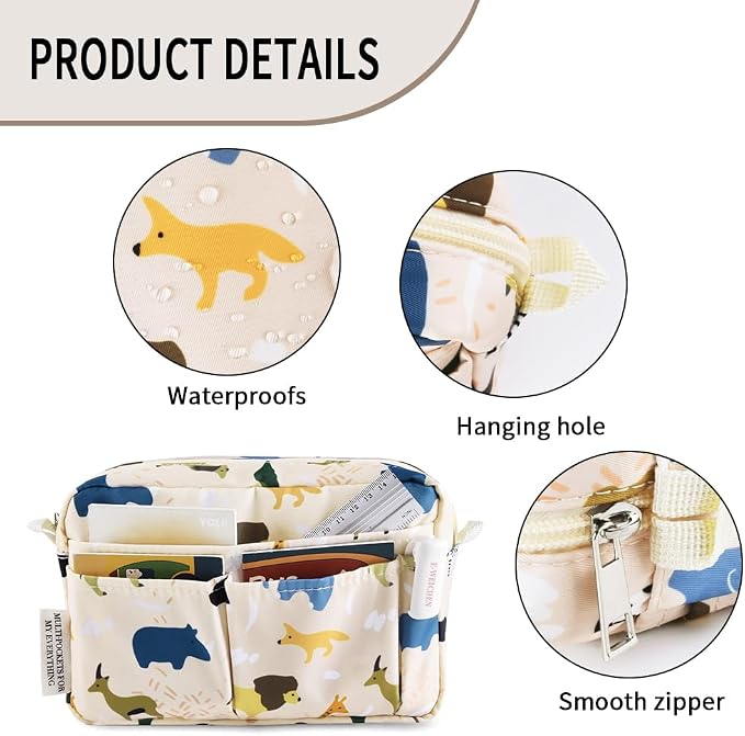 E-WEICHEN Multiple Pockets Portfolio Organizer with Zippered, Makeup Bag Travel Essentials for Women, Simple Waterproof Stationery Pencil Pouch Bag for Journal Office Art Supplies.Beige Animals