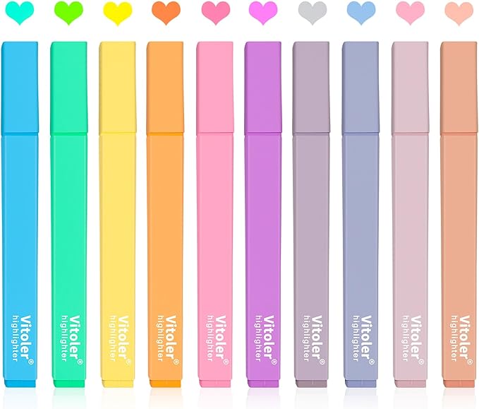 Vitoler 10Pcs Aesthetic Highlighters, Chisel Tip Marker Pens,Assorted Color Candy Highlighters,No Bleed Bible Highlighter,Cute Pastel Highlighter for Journaling Planner Notes School Supplies | Low Bleed on Standard Paper, Quick-Drying, Non-Toxic, for B...