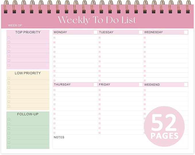 Weekly To Do List Notepad, 52 Sheets Undated Weekly Planner, 8.5"x11" Letter Size Horizontal Desk Pad with 100GSM Thick Paper, Twin-Wire Spiral Bound Tear Off Lined Organizer for Office Work, School & Home