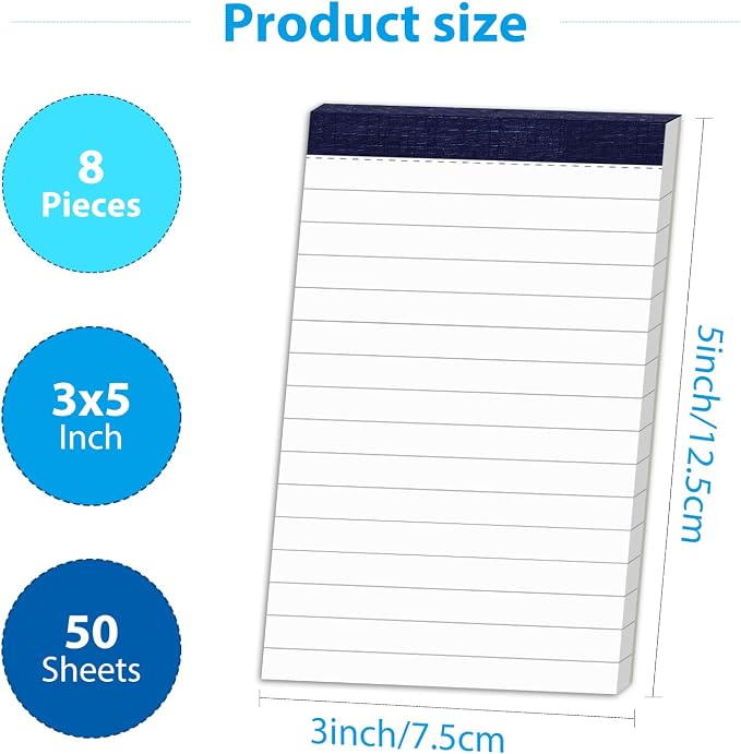 8 Pack Notepads for Daily Planning and Organization of Work 3x5 Inch 50 Sheets Small Lined Writing Memo Pads Refills Easy Tear Off no Rip Writing Pads Each Pad Narrow Ruled Mini Pocket Perforated