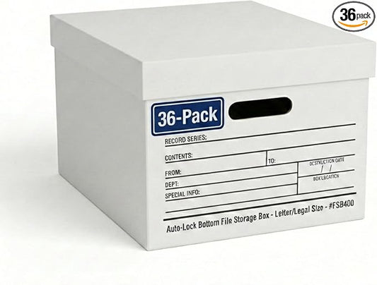 BOX USA File Boxes with Lids and Handles (36-Pack) - File Storage Boxes for Office Supplies, Book Storage, Moving, and Packaging, Fits Letter and Legal Paper, Removable Lid