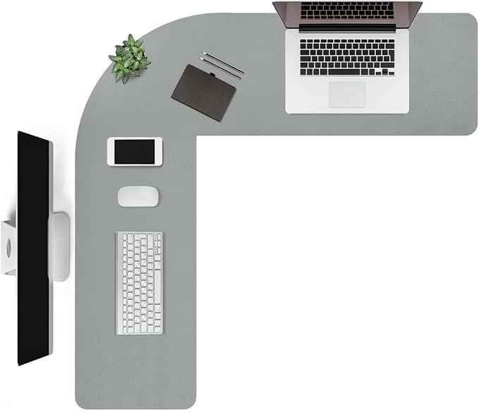 L Shaped Gaming Desk Mat Mouse Pad, Grey, 56"x54.8"x12" | PU Leather Corner Desk Mat Blotter, Waterproof Desktop Protector for Computer Keyboard Home Office