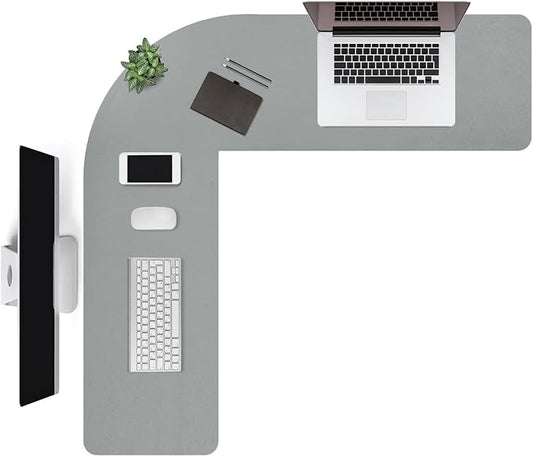 L Shaped Gaming Desk Mat Mouse Pad, Grey, 56"x54.8"x12" | PU Leather Corner Desk Mat Blotter, Waterproof Desktop Protector for Computer Keyboard Home Office