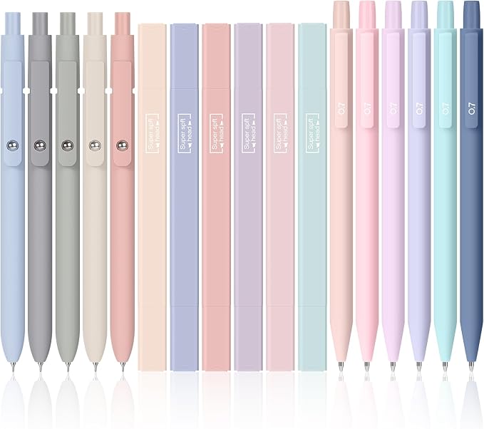 Gueevin 17 Pcs Aesthetic Highlighters Gel Pens and Mechanical Pencils Set Morandi Ink and Dual Tip Highlighters Smooth Writing Pens for Bible Journal Planner Office Supplies