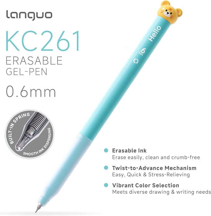 languo Erasable Gel Pens, 0.6mm Fine Tip, Twist Retractable, 10 Pack | Cute Animal Design, Assorted Ink Colors, Smooth Ink Flow, Clean Corrections, Ideal for Drawing, Writing, Journaling, Planners