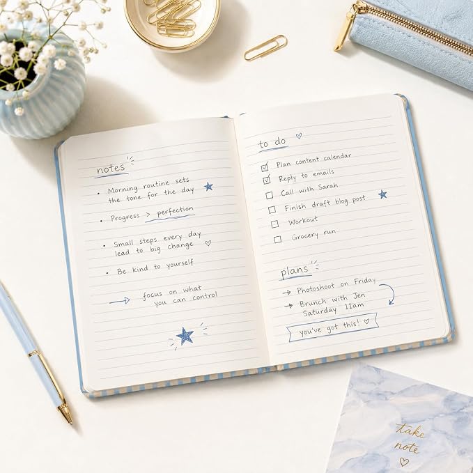 Pearhead Hardcover Journal Notebook 6x8 – Cream & Blue Stripe College-Ruled Writing Journal, 200 Lined Pages for Work, School & Journaling