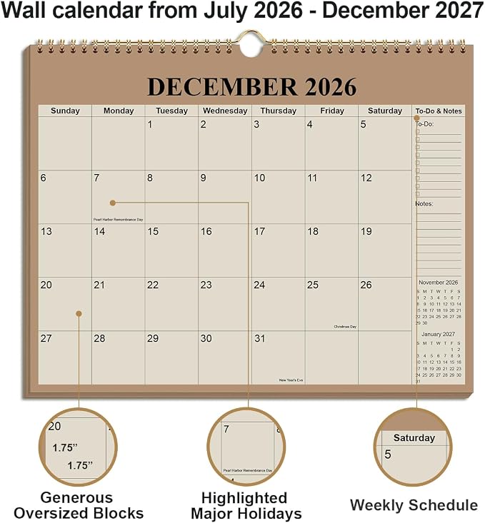 Calendar 2026-2027 - 18 Months Wall Calendar from July 2026 to December 2027, 2026-2027 Wall Hanging Calendar Planner with Thick Paper, 12" x 14.5", Cyan