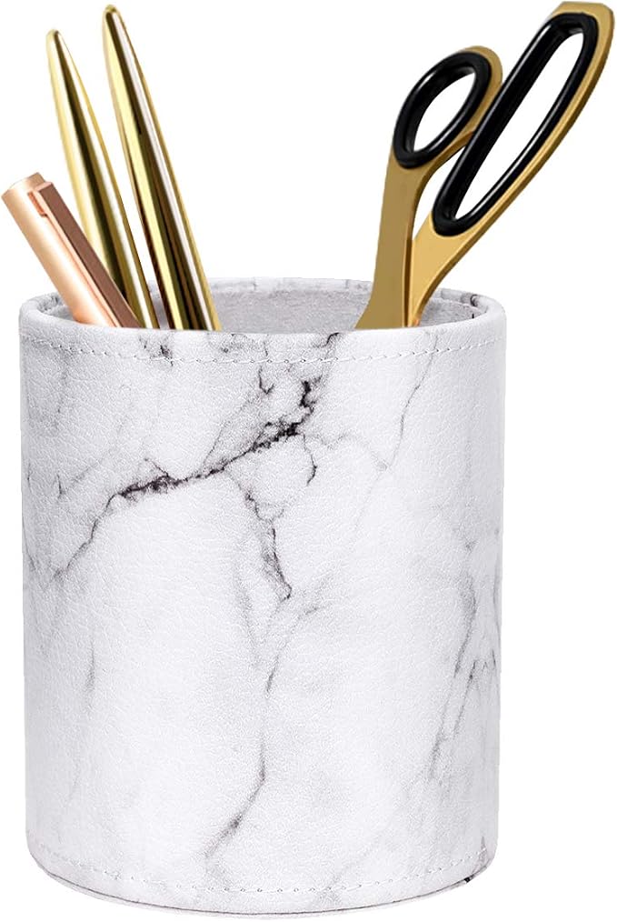 Pen Holder, Cup for Desk Marble Pattern Pencil Holder for Adults Kids Luxury Leather Desk Organizer Makeup Brush Holder for Office, Classroom, Home, Marble