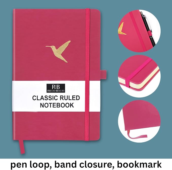 RICCO BELLO Lined Journal Notebook, Hummingbird | Faux Leather Hardcover, With Pen Holder, 96 Sheets / 192 Pages, College Ruled, 5.7 x 8.4 Inches