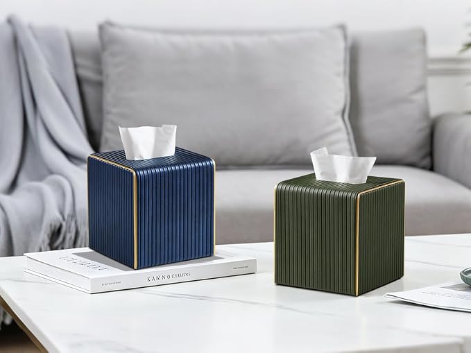 Square PU Leather Tissue Box Cover with Magnetic Closure, Decorative Tissue Holder & Storage Container for Bedroom, Living Room, Dining Room, Bathroom, Countertop, Desk (Square Blue)