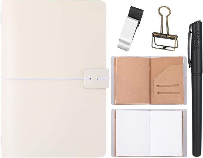 Thenshop Travelers Refillable Leather Journal Notebook Travel Diary Handmade Passport Travelers Journal for Men and Women with 3 Notebook Inserts, Pen Holder, Binder Clip (White,A5 Size)