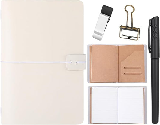 Thenshop Travelers Refillable Leather Journal Notebook Travel Diary Handmade Passport Travelers Journal for Men and Women with 3 Notebook Inserts, Pen Holder, Binder Clip (White,A5 Size)