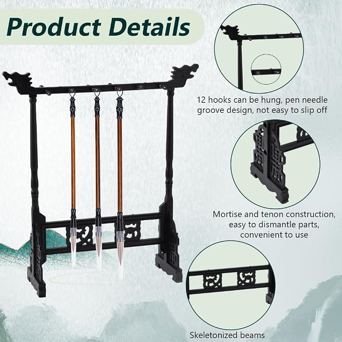 PH PandaHall 12-Pin Brush Holder Resin Brush Holder Chinese Calligrapghy Brushes Hanger Carving Calligraphy Sumi Holder with 3pcs Wood Chinese Calligraphy Brushes Pen for Students and Beginners