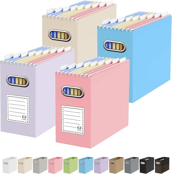 Oterri File Organizer Box, Portable Collapsible Cardboard File Folder Organizer with Handle for Letter Size Hanging Files, Document Storage Box for Home Office & Classroom (4 Packs,Variegated)