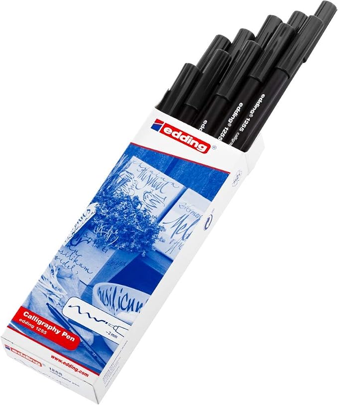 edding 1255 Calligraphy Pen - Black - Box of 10 - Calligraphy Nib 5 mm - Fibre Pen for Paper, Wood, Terracotta, Canvas - Hand Lettering, Bullet journals, Thank You Cards, Calligraphy Books