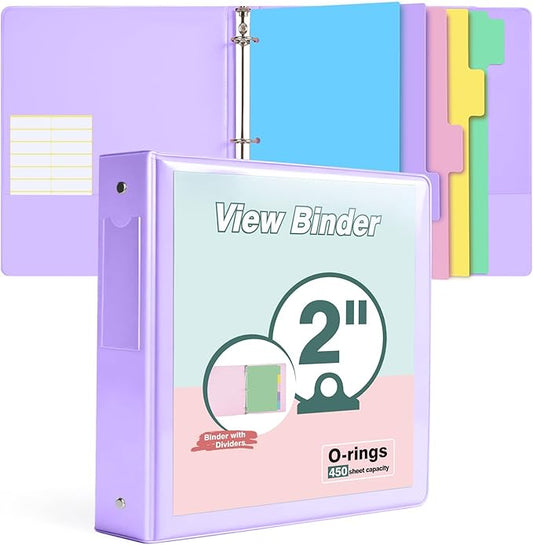 3 Ring Binder 2 inch，Cute Binder Organizer with 5 Tab Dividers Fits 175 Sheets of 8.5x11 Paper, Customizable Clear Cover with Inside Pockets, Aesthetic 2" Three Ring Binders for School Office，Purple