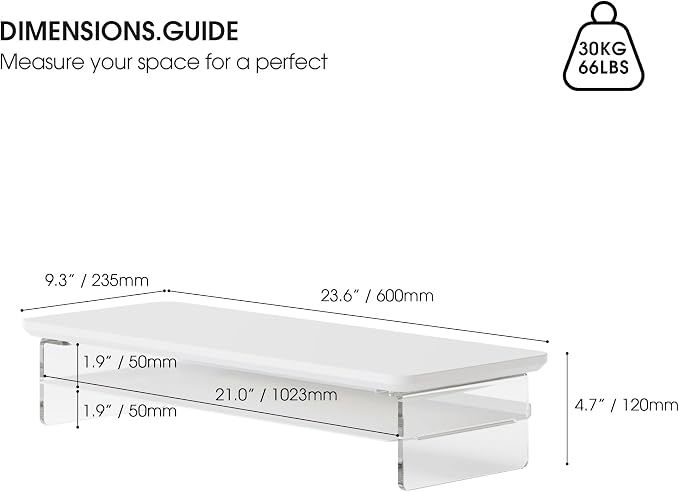 Fenge 23.6" Monitor Stand with Clear Acrylic Legs, White | Clear Acrylic, Storage Compartment, 2-tier Home Office Monitor Riser, Wide Large Desktop Shelf Fit Monitor/Laptop/Printer