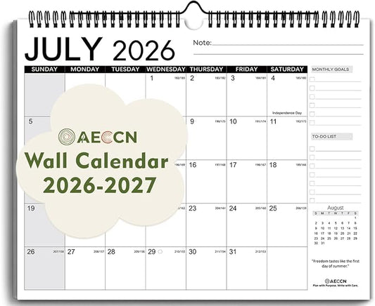 AECCN Calendar 2026-2027 18 Months-Simple | 14.4" x 11.4"| 110GSM Thick Paper | No-Bleed | Stickers Attached | Home, School & Office Use