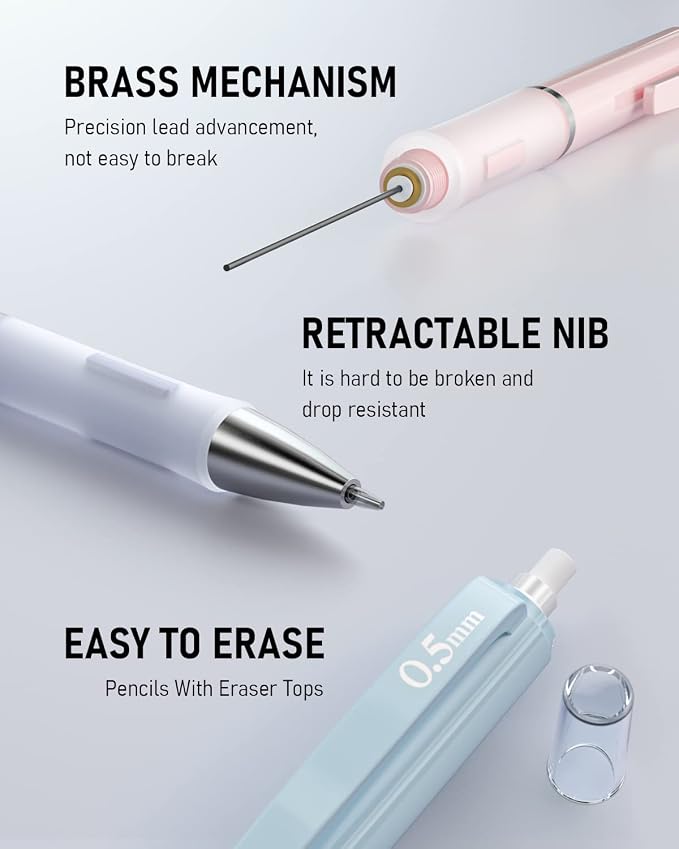 Nicpro 3PCS Pastel Mechanical Pencil Set, 0.5 Mechanical Pencils with 6 Tube HB Lead 0.5mm, 3 Eraser and 9 Eraser Refill & Case, Aesthetic School Supplies for Drafting Sketching, Drawing & Writing