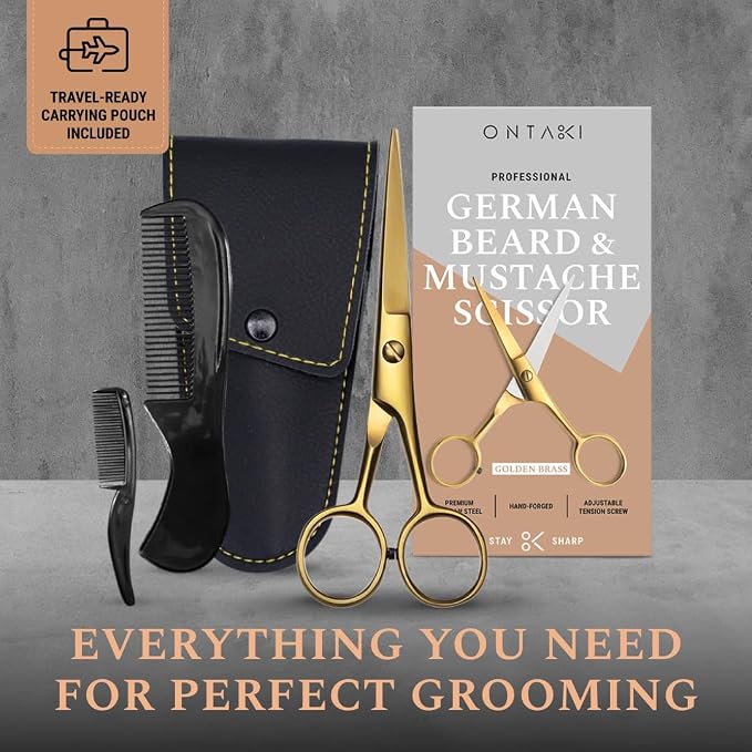 Ontaki 5" Beard & Mustache Scissor with Combs for Men - Gold Brass | 410C Durable German Steel, Ergonomic Travel Friendly Design for Facial Hair - Beard Grooming Kit & Case Perfect for Styling
