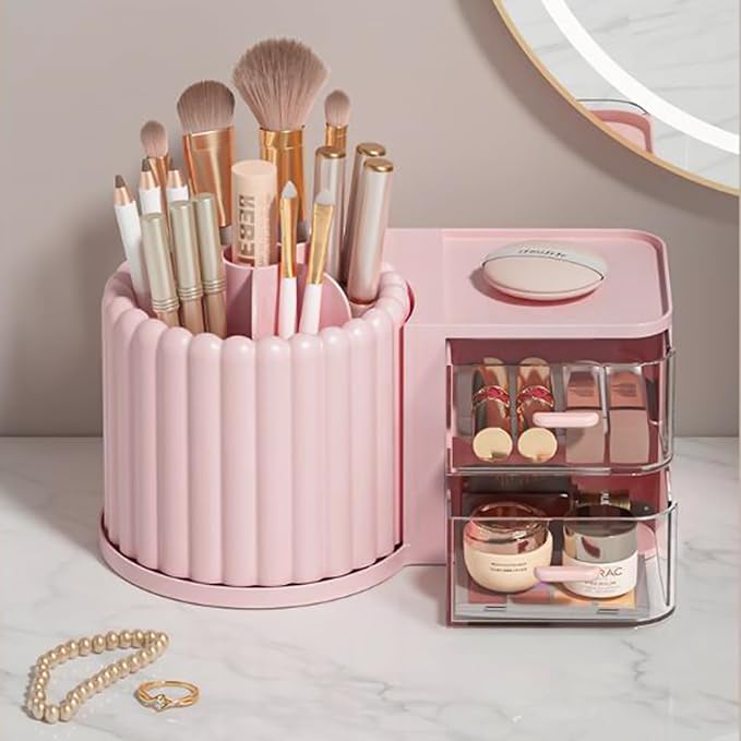 Rotating Makeup Brush Holder Organizer with Removable Dividers, Pink | 7 Slots Make Up Brush Organizer with Drawer 360 Spinning Cosmetic Storage Pen Holder for Desk, Vanity, Dresser