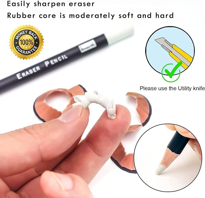 Brusarth Eraser Pencils Set - Professional 3pc Erasing Small Details or Add Highlights for Sketching, Colored Pencils, Charcoal Drawings. Fine Detail Eraser for Beginners & Artists