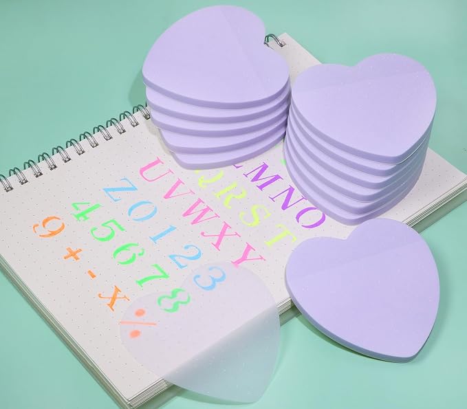 ONLYKXY Glitter Heart Shape Transparent Sticky Notes for Annotating,2.8in Pastel Color Waterproof Index Sticker Self-Stick Book Tabs Soft PET Marker Memo Pad for Home School Office (12, Purple)
