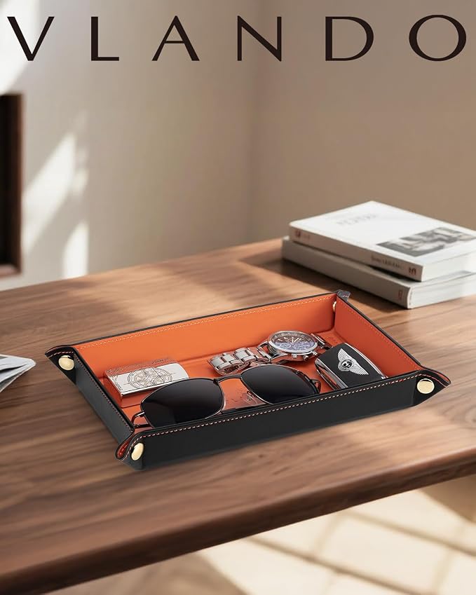 VLANDO Valet Tray, Foldable PU Leather Catchall Tray, Orange Black | Travel Valet Tray for Keys, Wallet, Watch, Phone and Glasses, Nightstand Dresser Desk Entryway Organizer for Men and Women