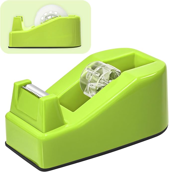Desktop Office Tape Dispenser, Fits Standard 1-Inch Core Tapes, Weighted Non-Slip Base, Sharp Metal Blade, Smooth Cutting, Adhesive Roll Holder for Office, School, Shop, Home & Business - Apple Green